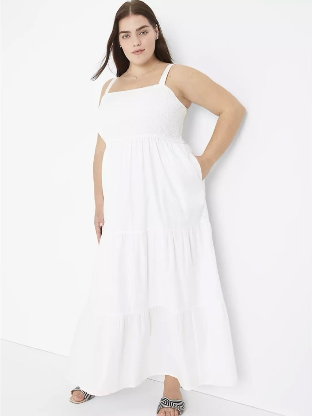 Lane Bryant White Smocked Tiered Maxi Dress